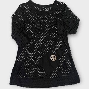 Kaktus Women Black Crochet Tunic Sweater Cover Up Button Pocket Small Semi Sheer